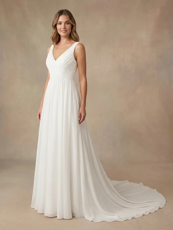 Rosalind — White Chiffon Maternity Wedding Gown with Flutter Sleeves - 1