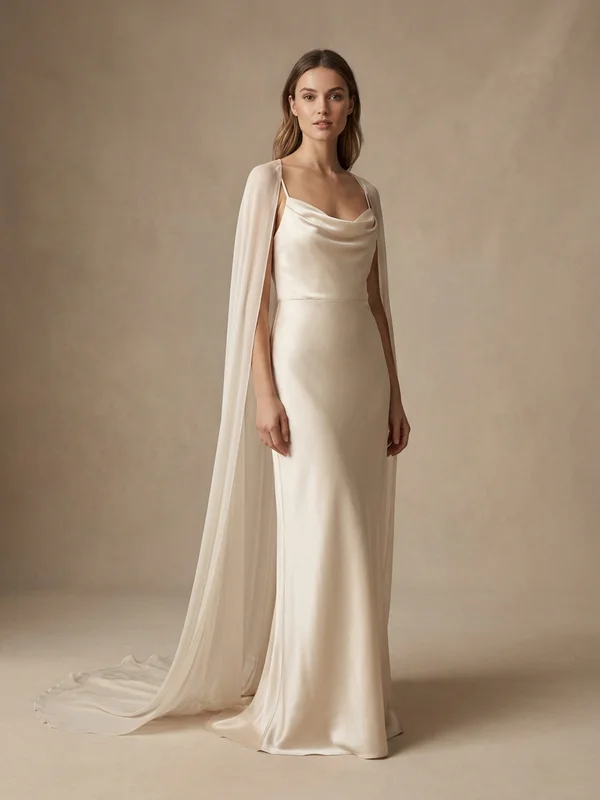 Lennox — Champagne Satin Modern Wedding Dress with Cape Detail - 1