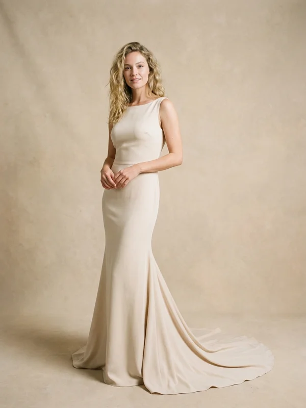 Eloise — Champagne Crepe Mermaid Wedding Dress with Low Back - 1