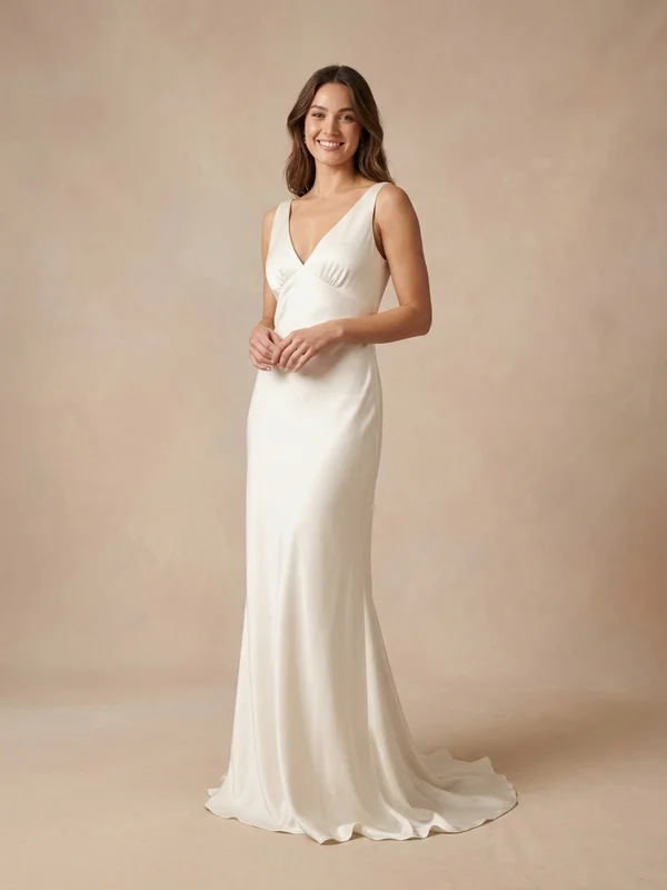 Isolde — Ivory Satin V-Neck Wedding Dress with Low Back - 1