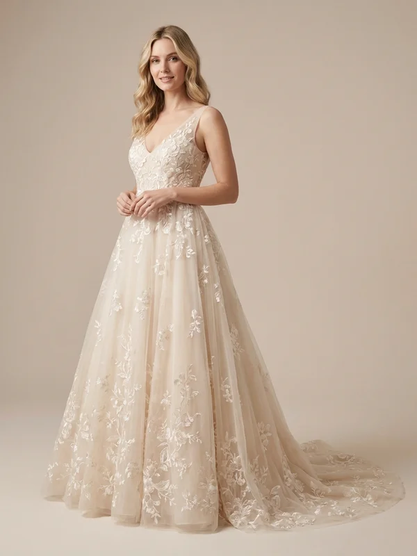 Thalia — Champagne Embroidered Ball Gown Wedding Dress with Puff Sleeves - 1