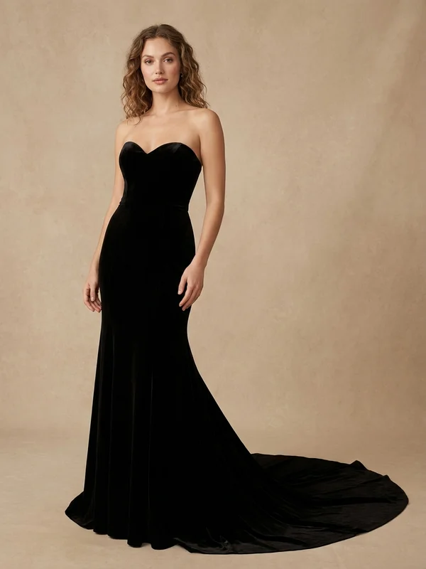 Raven — Black Velvet Non-Traditional Wedding Gown with Cathedral Train - 1