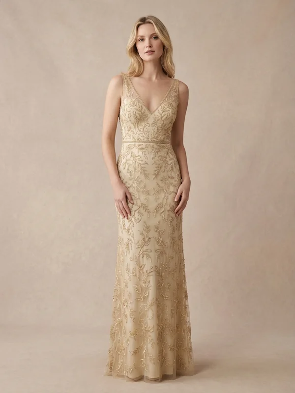 Soleil — Gold Beaded Non-Traditional Wedding Dress with Thigh Slit - 1