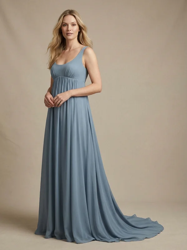 Wren — Dusty Blue Chiffon Non-Traditional Wedding Gown with Flutter Sleeves - 1