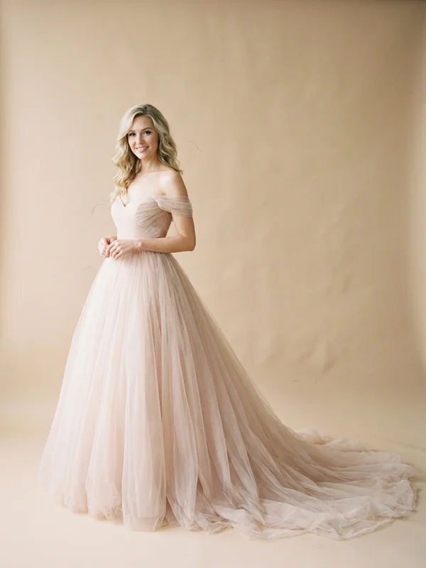 Vivienne — Blush Tulle Off-Shoulder Wedding Dress with Cascading Ruffles - 1