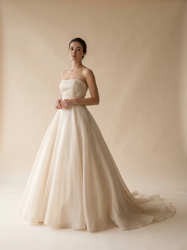 Eloise — Champagne Organza Ball Gown Wedding Dress with Tiered Skirt - 1