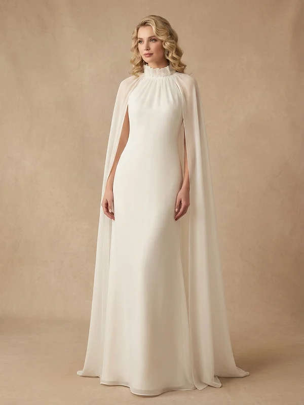 Marisol — Ivory Organza Sheath Wedding Gown with Ruffled Cape - 1