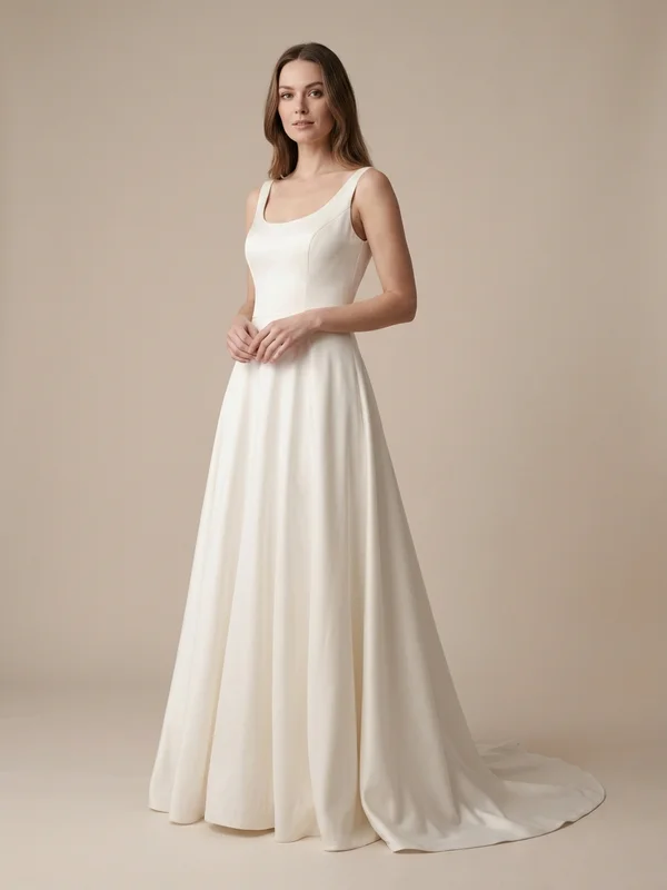 Elodie — Ivory Satin Petite A-Line Wedding Gown with Cap Sleeves - 1