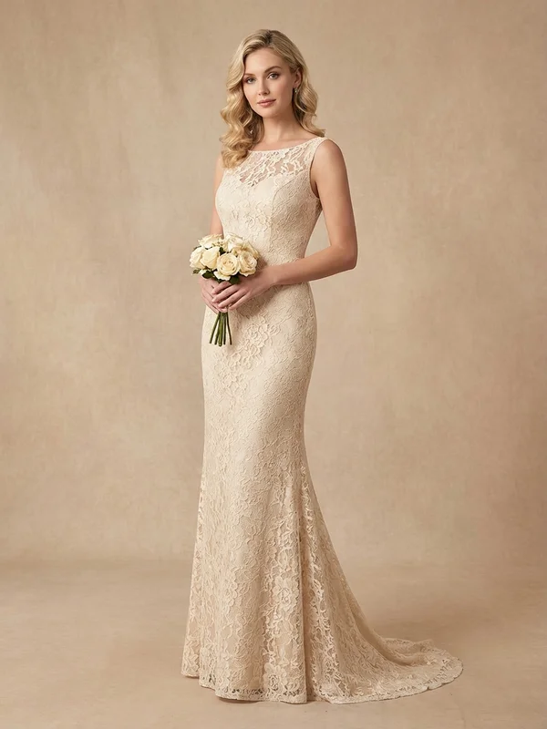 Vivienne — Champagne Lace Petite Sheath Wedding Gown with Illusion Back - 1