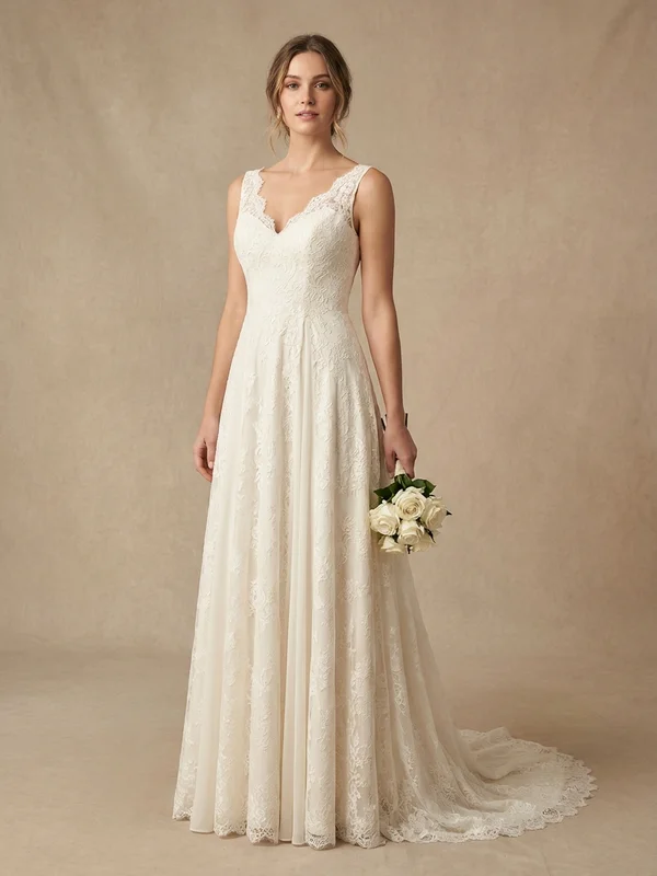 Harper — Ivory Lace Wedding Gown with Pockets and Cap Sleeves - 1
