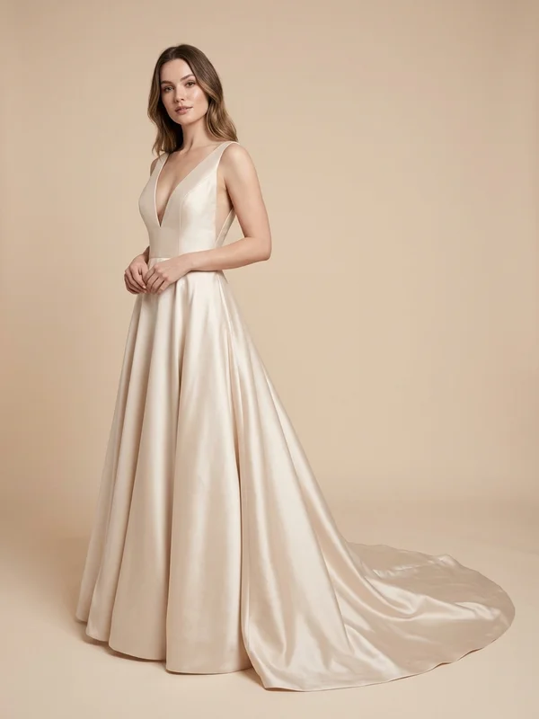 Margaux — Champagne Satin Plunging Neckline Wedding Dress with Draped Back - 1