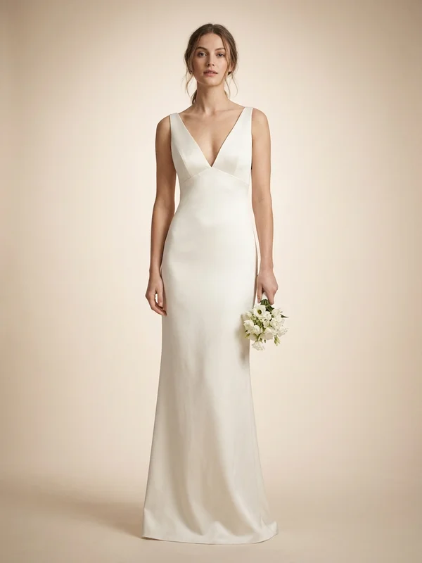 Rosalind — Ivory Mikado Plunging Neckline Wedding Dress with Bow Detail - 1