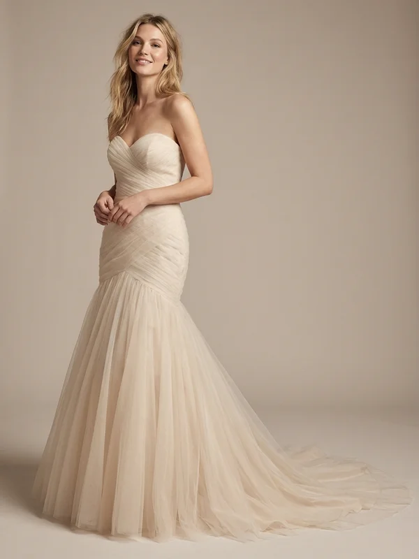 Isadora — Champagne Tulle Plus-Size Mermaid Wedding Gown with Beaded Bodice - 1