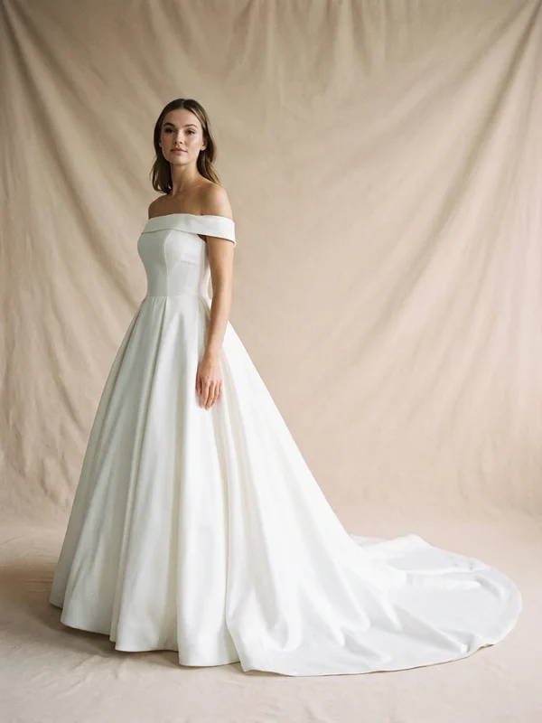 Rosalind — White Satin Plus-Size Ball Gown Wedding Dress with Off-Shoulder Neckline - 1