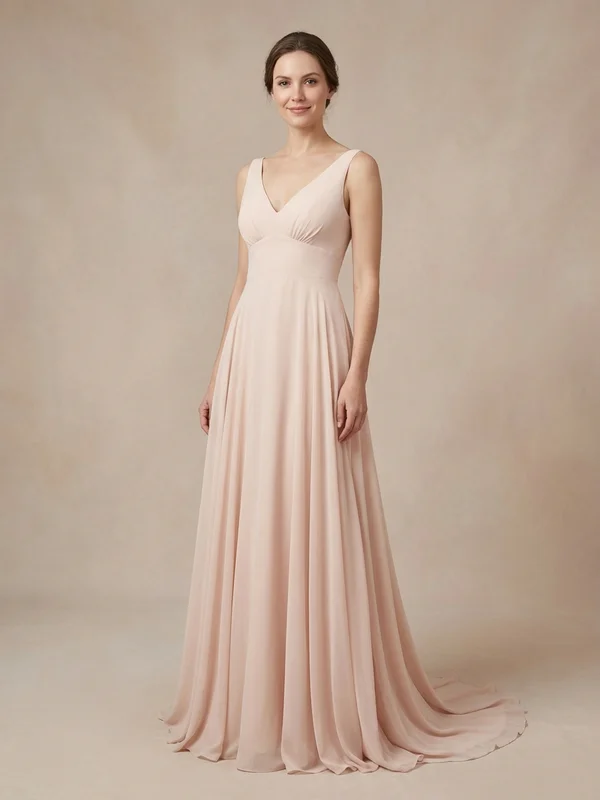 Theodora — Blush Chiffon Plus-Size Empire Waist Wedding Dress with Flutter Sleeves - 1