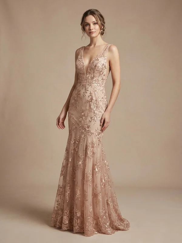 Ophelia — Rose Gold Embroidered Mermaid Wedding Dress with V-Neckline - 1