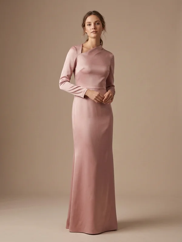 Vivienne — Dusty Rose Satin Sheath Wedding Dress with Cowl Back - 1