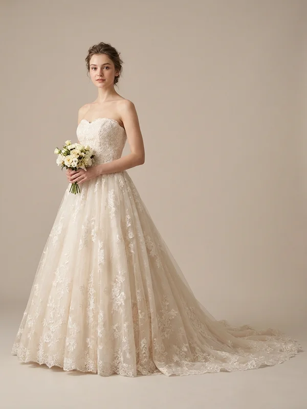 Marguerite — Champagne Princess Wedding Dress with Floral Lace Train - 1