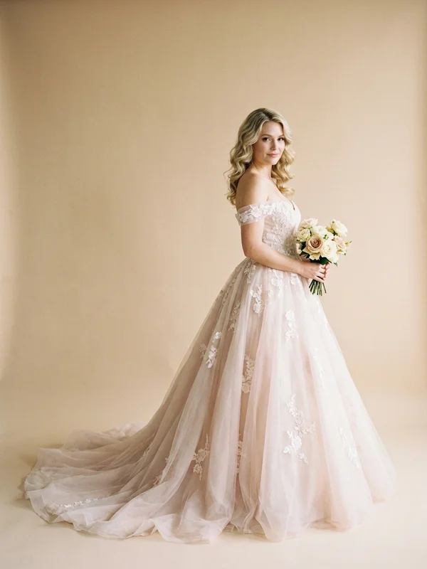 Rosalind — Blush Princess Wedding Dress with Off-Shoulder Sleeves - 1