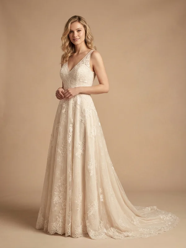 Isadora — Champagne Lace Puff Sleeve Wedding Dress with Low Back - 1