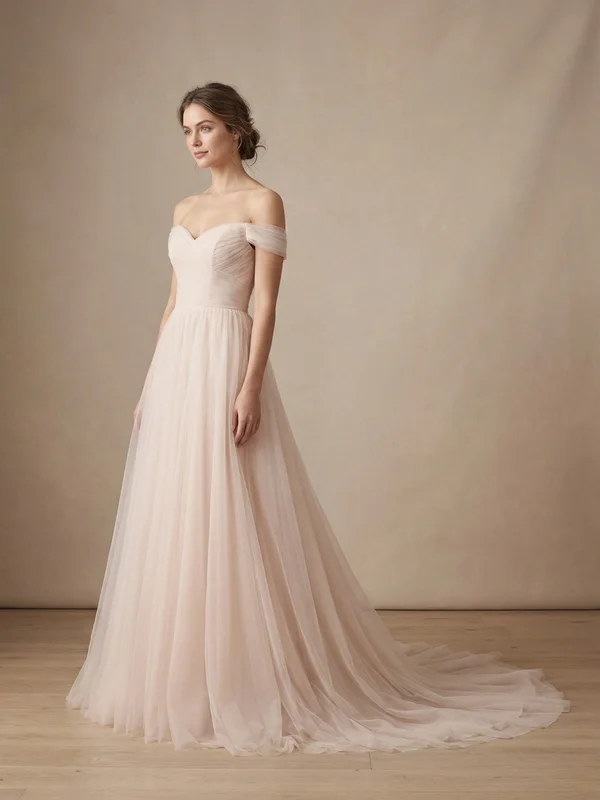 Ottilie — Blush Tulle Puff Sleeve Wedding Gown with Floral Appliqué - 1