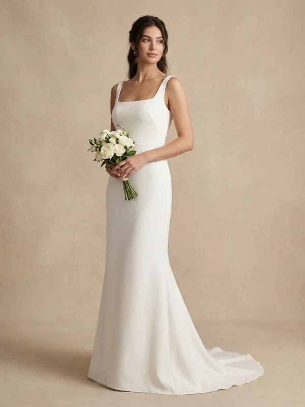 Theodora — White Satin Puff Sleeve Wedding Gown with Thigh Slit - 1
