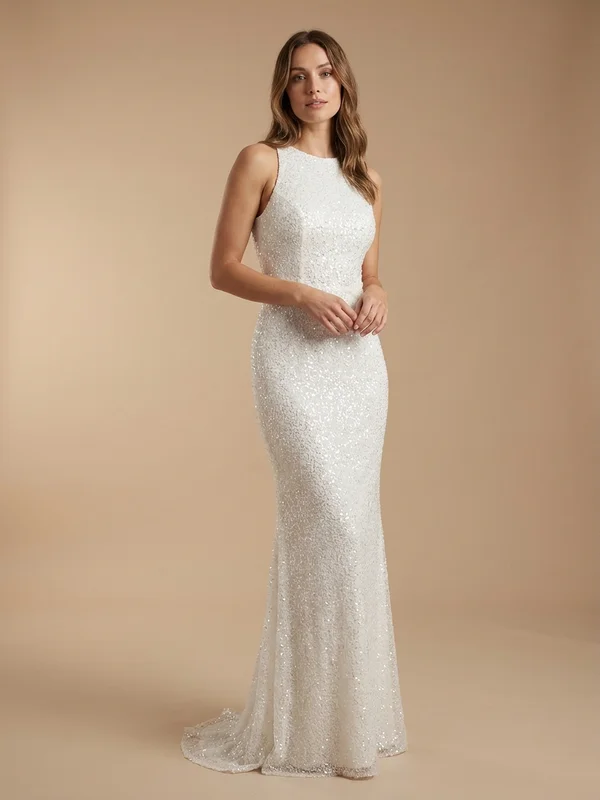 Lennox — White Sequin Reception Wedding Dress with Open Back - 1