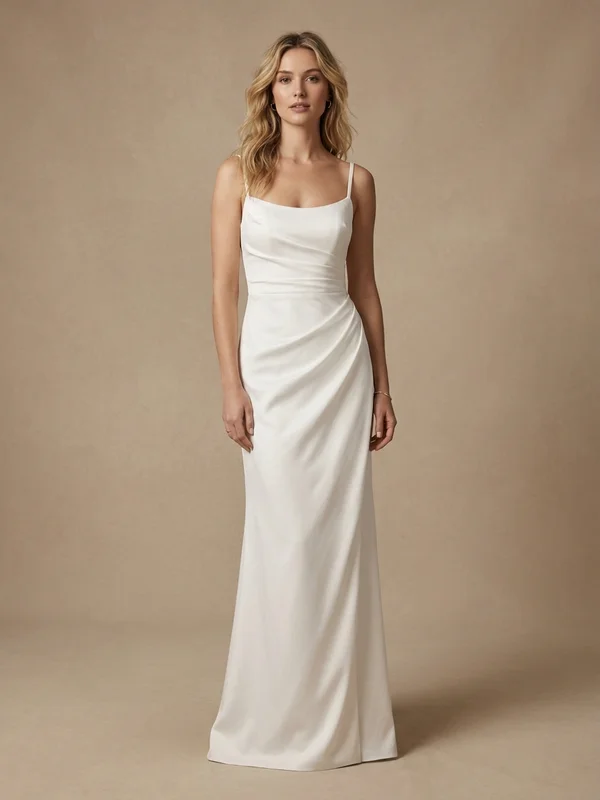 Isadora — White Satin Wedding Gown with Detachable Puff Sleeves - 1