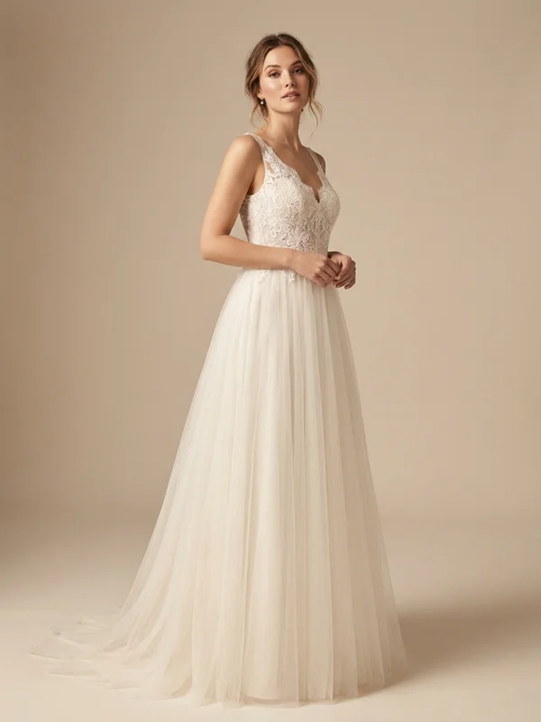 Ophelia — Ivory Tulle Wedding Dress with Removable Lace Bishop Sleeves - 1