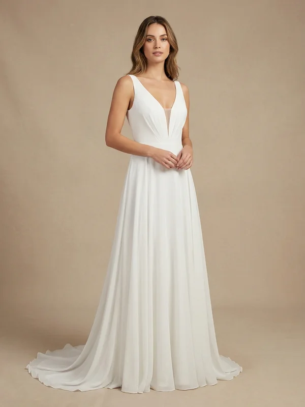 Genevieve — White Chiffon V-Neck Wedding Dress with Court Train - 1