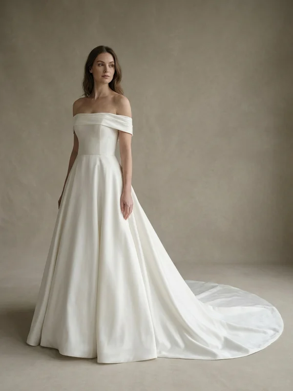Genevieve — Ivory Satin A-Line Wedding Dress with Cathedral Train - 1