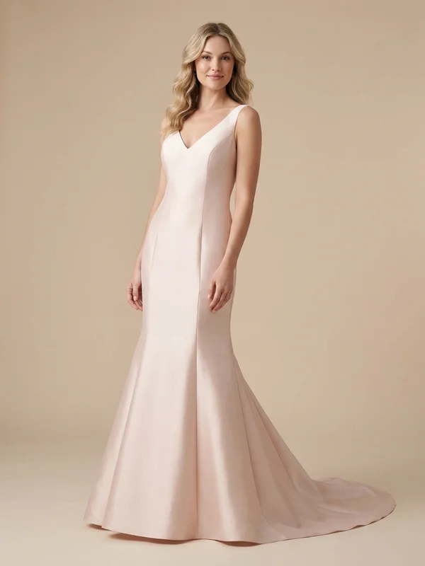 Theodora — Blush Satin Trumpet Wedding Dress with Button Back - 1