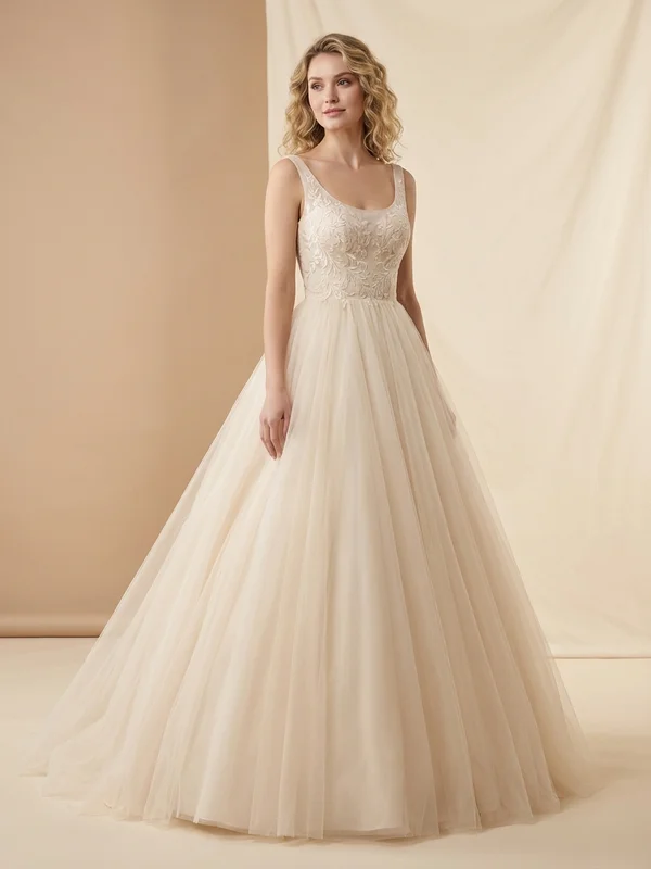Elara — Champagne Tulle Scoop Neck Wedding Dress with Beaded Bodice - 1
