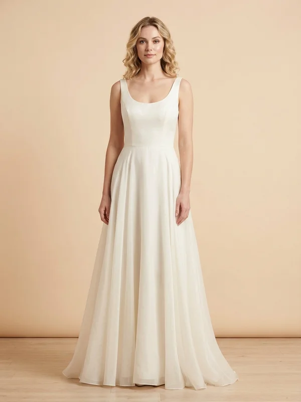 Vivienne — Ivory Organza Scoop Neck Wedding Dress with Floral Appliqué - 1