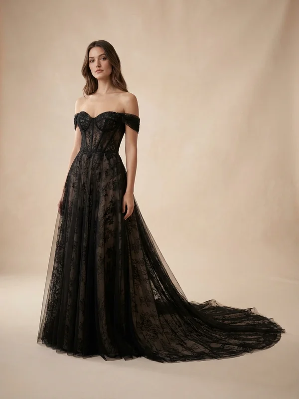 Valentina Noir — Black Lace Corset Wedding Dress with Cathedral Train - 1