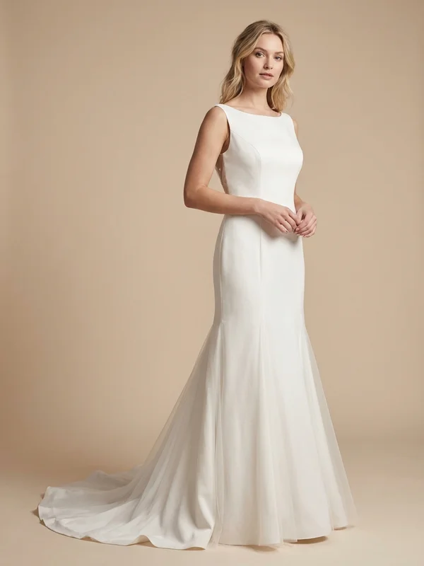 Calista — White Sheer Sleeve Wedding Dress with Crystal Cuff Detail - 1