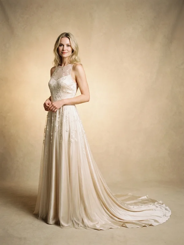 Margaux — Champagne Sheer Sleeve Wedding Gown with Embroidered Overlay - 1