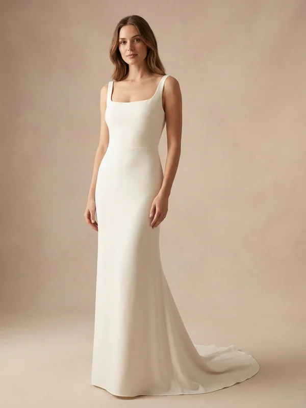 Evangeline — Ivory Crepe Sheath Wedding Dress with Open Back - 1