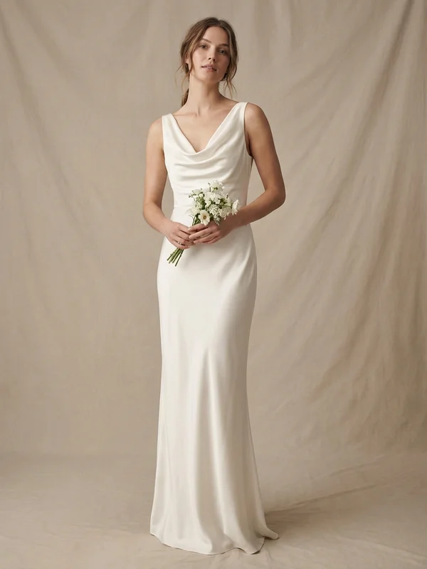 Lennox — Ivory Satin Sheath Wedding Gown with Cowl Neckline - 1