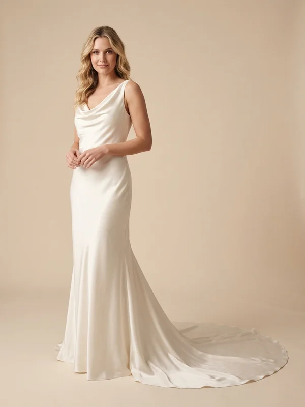 Valentina — Ivory Silk Charmeuse Wedding Dress with Cathedral Train - 1