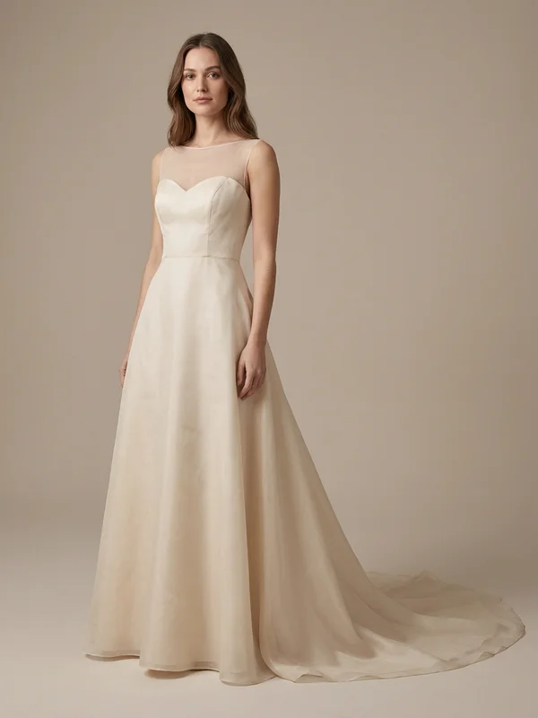 Isolde — Champagne Silk Organza Wedding Dress with Puff Sleeves - 1