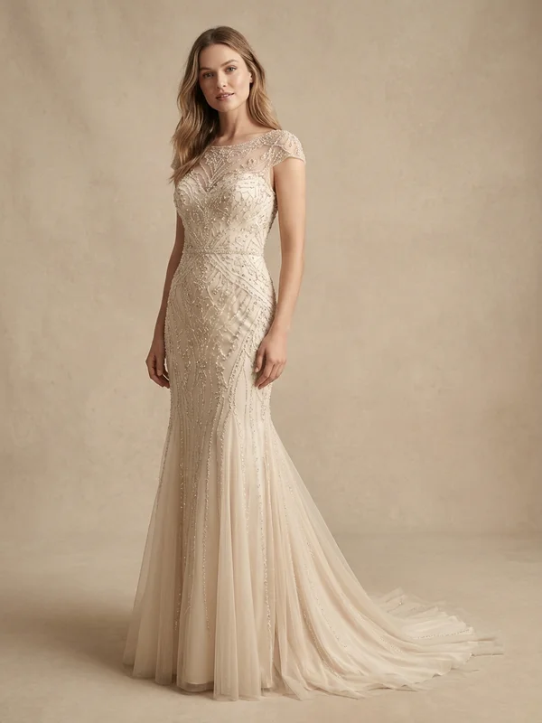 Seraphine — Champagne Crystal-Encrusted Sparkle Wedding Gown with Cap Sleeves - 1