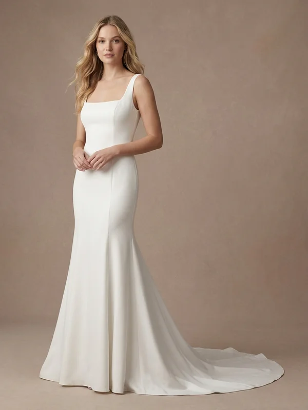 Vivienne — White Satin Square Neck Wedding Dress with Chapel Train - 1