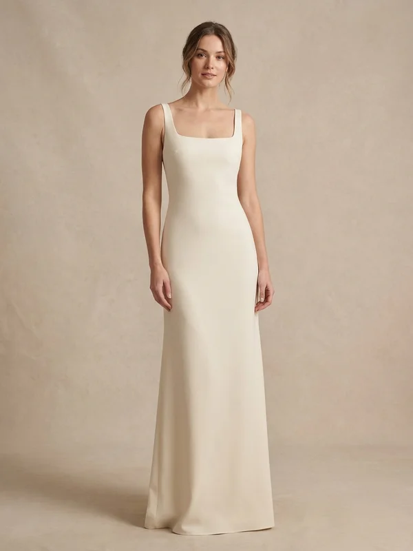 Thalassa — Champagne Crepe Square Neck Wedding Dress with Thigh Slit - 1