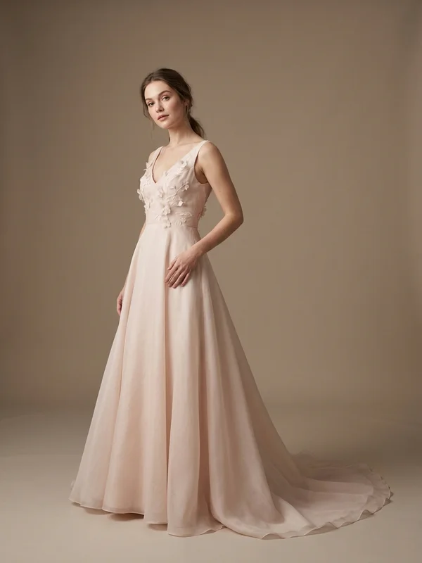 Ophelia — Blush Organza Short Sleeve Wedding Dress with Floral Appliqué - 1