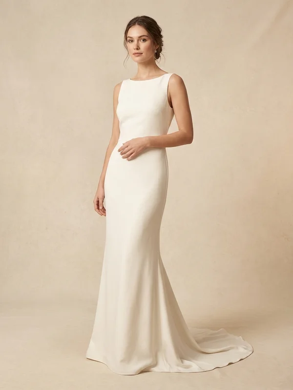 Seraphine — Ivory Crepe Short Sleeve Wedding Gown with Low Back - 1