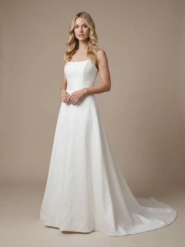 Lenora — White Duchess Satin Strapless A-Line Wedding Gown with Pockets - 1