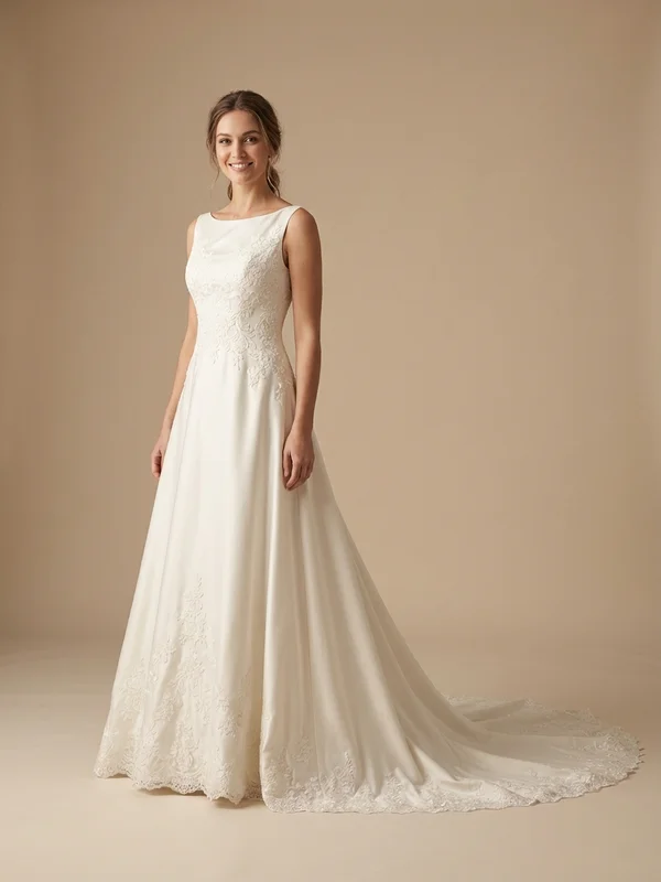 Valentina — Ivory 3/4 Sleeve A-Line Wedding Dress with Lace Overlay - 1