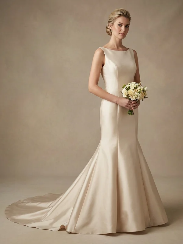 Celestine — Champagne Satin Trumpet Wedding Gown with Draped Back - 1