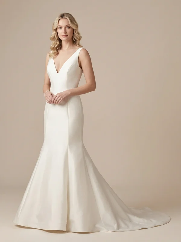 Genevieve — Ivory Mikado Trumpet Wedding Gown with Architectural Bow - 1